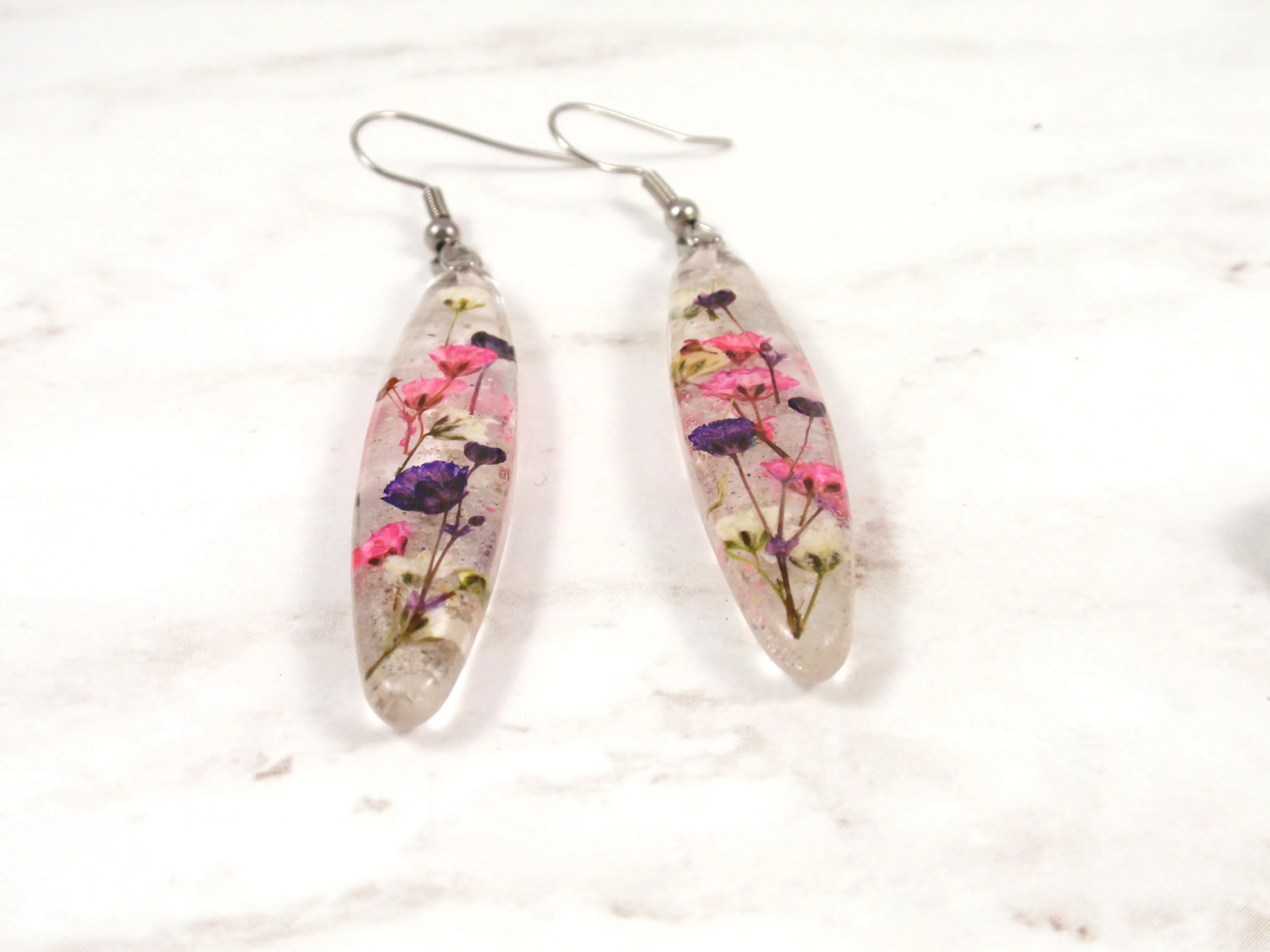 Long Baby's Breath Dangle Earrings with Ash