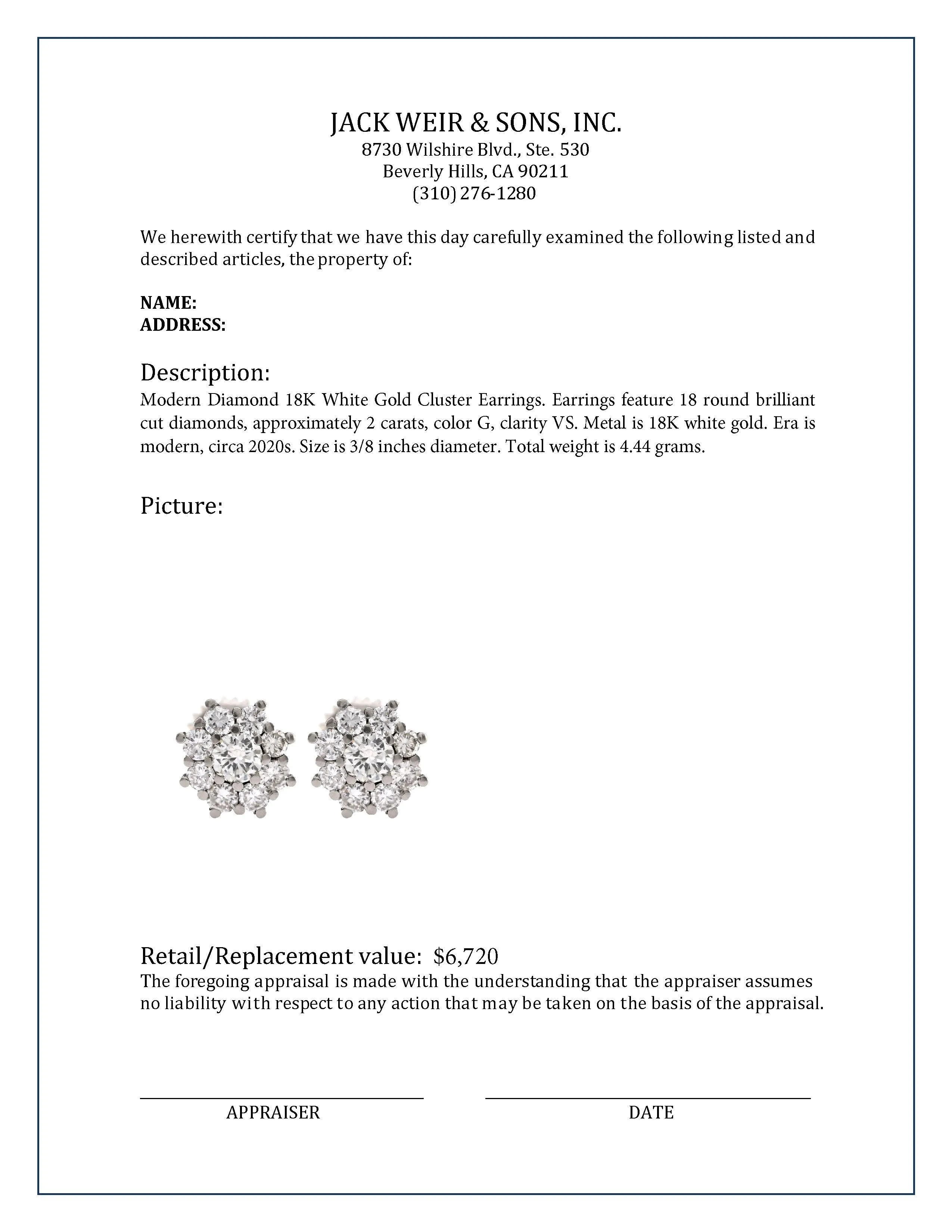 Modern Diamond 18K White Gold Cluster Earrings