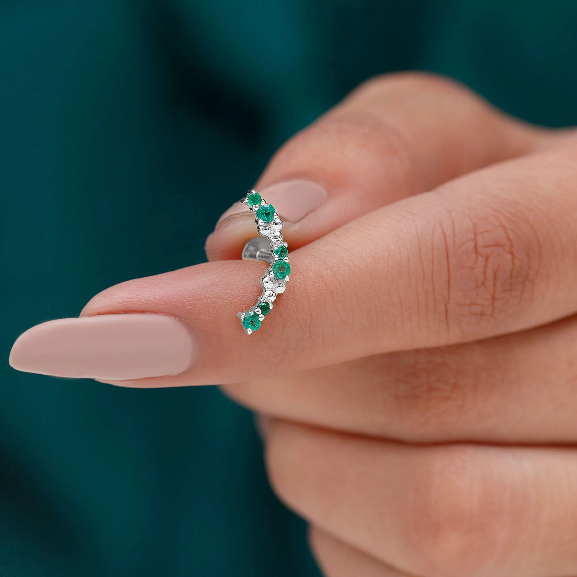 Natural Emerald Crawler Cartilage Earring with Beaded Details