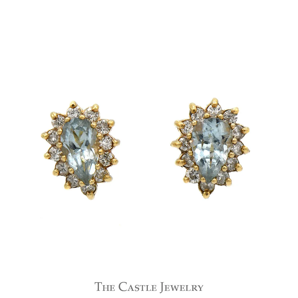 Pear Cut Aquamarine Earrings with Diamond Halos in 10k Yellow Gold