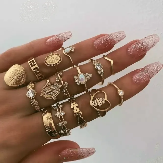 Pinapes Fashion Non Precious Base Metal Boho Midi Finger Ring for Girls – Set of 14