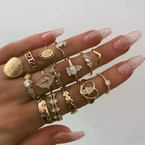 Pinapes Fashion Non Precious Base Metal Boho Midi Finger Ring for Girls – Set of 14