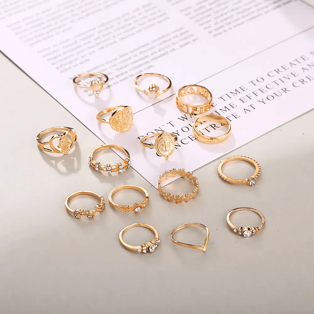 Pinapes Fashion Non Precious Base Metal Boho Midi Finger Ring for Girls – Set of 14