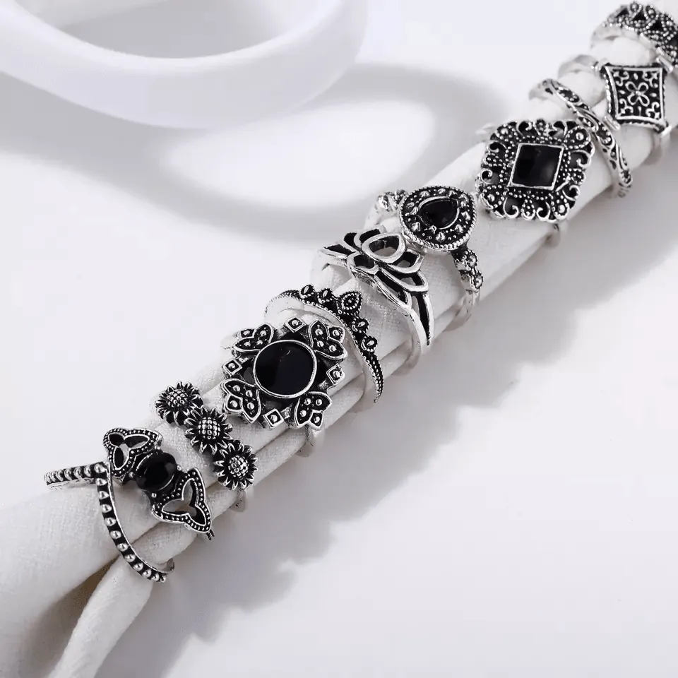 Pinapes Fashion Non Precious Base Metal Boho Midi Finger Ring for Girls – Set of 15