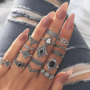 Pinapes Fashion Non Precious Base Metal Boho Midi Finger Ring for Girls – Set of 15