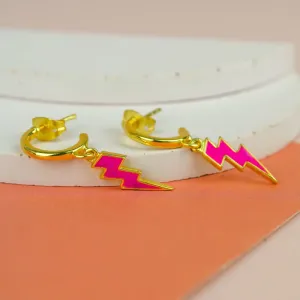Pink Enamel Lightning Bolt Gold Hoop Earrings