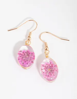 Pink Oval Clear Bead Drop Earrings