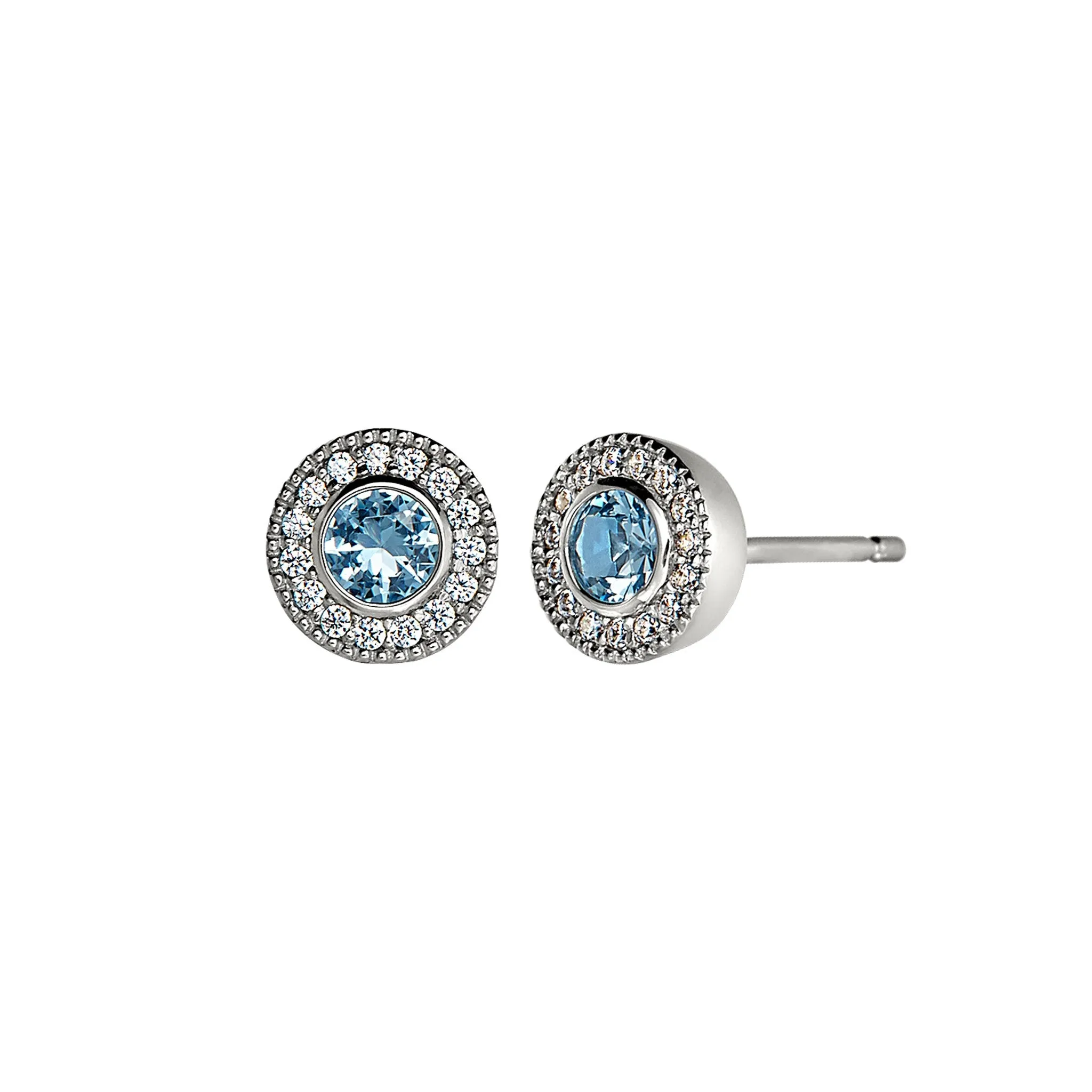 Platinum Finish Sterling Silver Micropave Round Simulated Birthstone Earrings with Simulated Diamonds