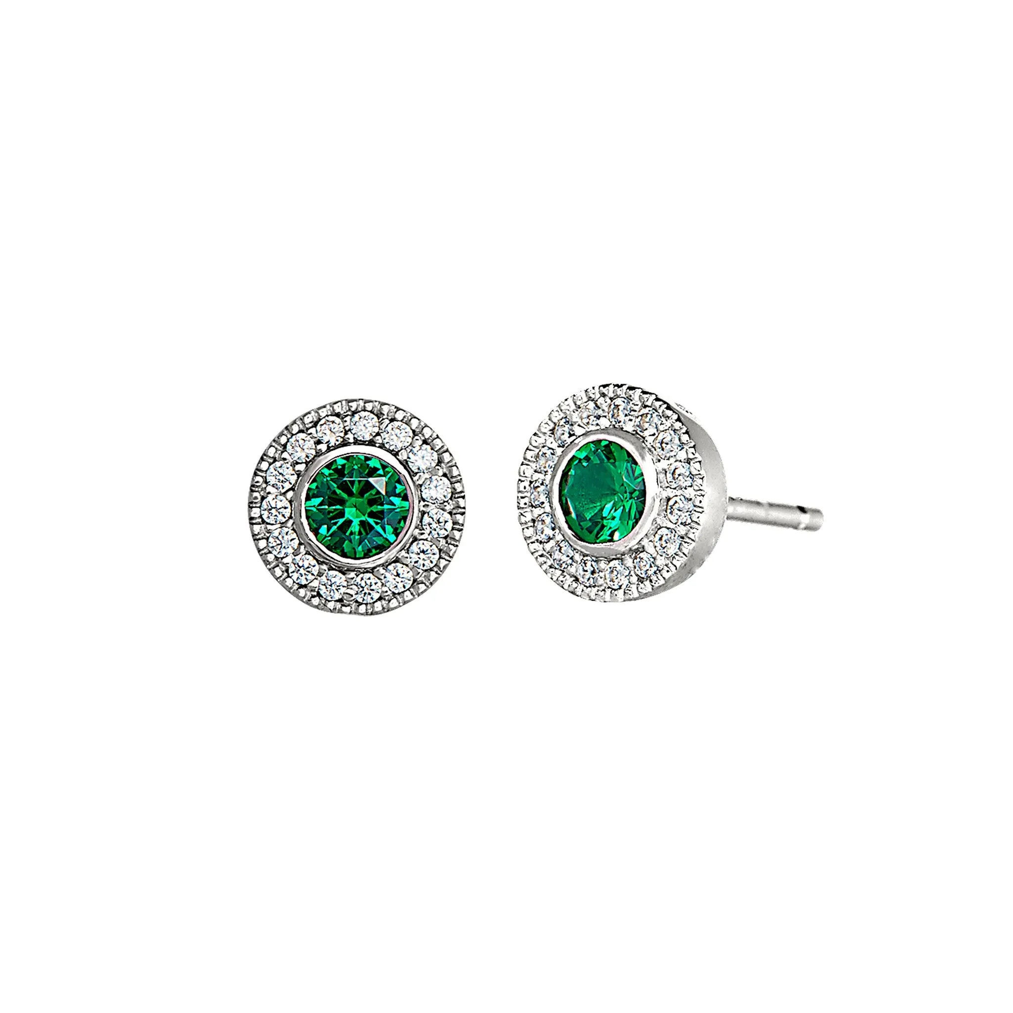 Platinum Finish Sterling Silver Micropave Round Simulated Birthstone Earrings with Simulated Diamonds