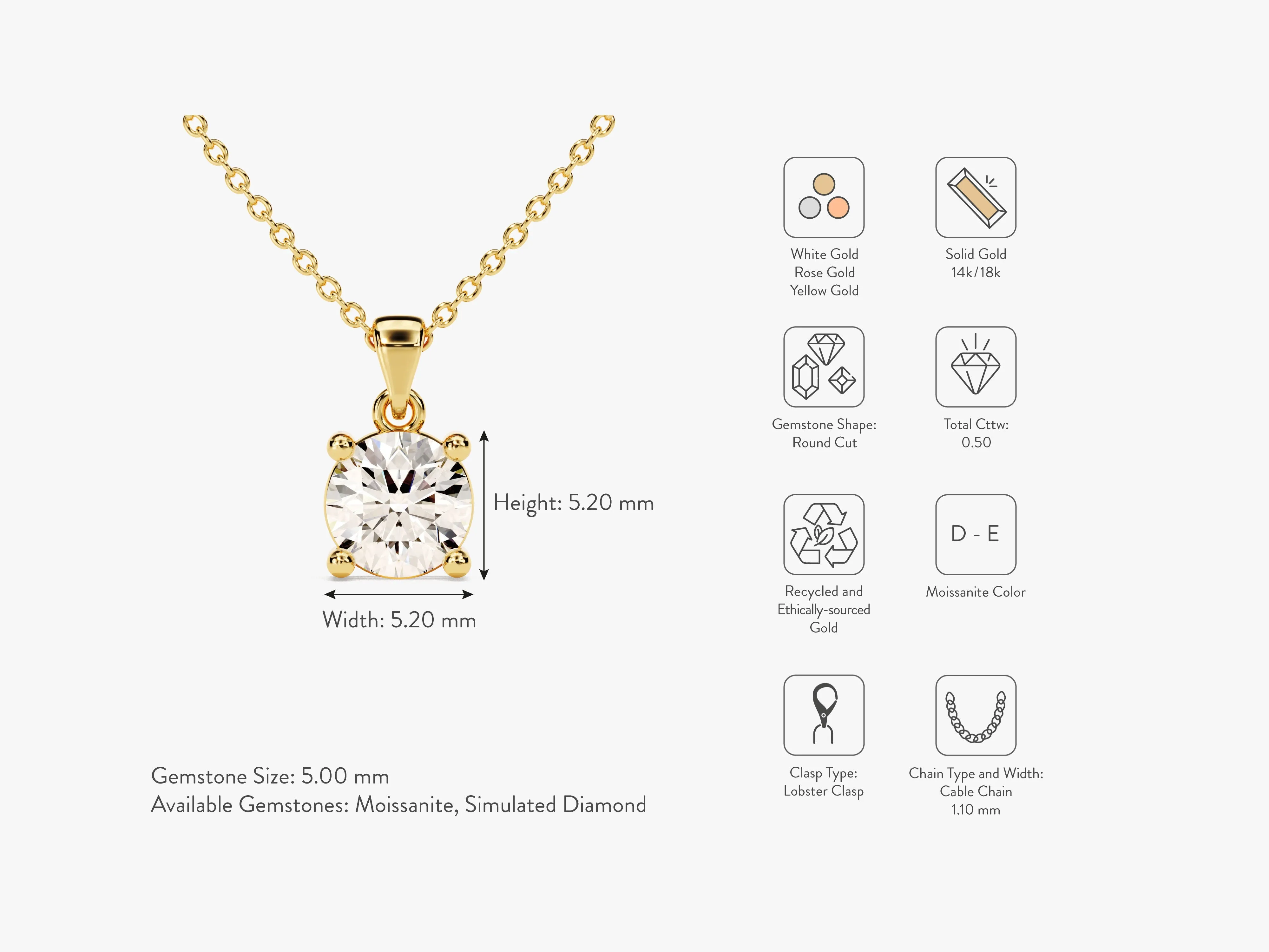 Prong Set Round Cut Moissanite Solitaire Pendant (0.50 CT)
