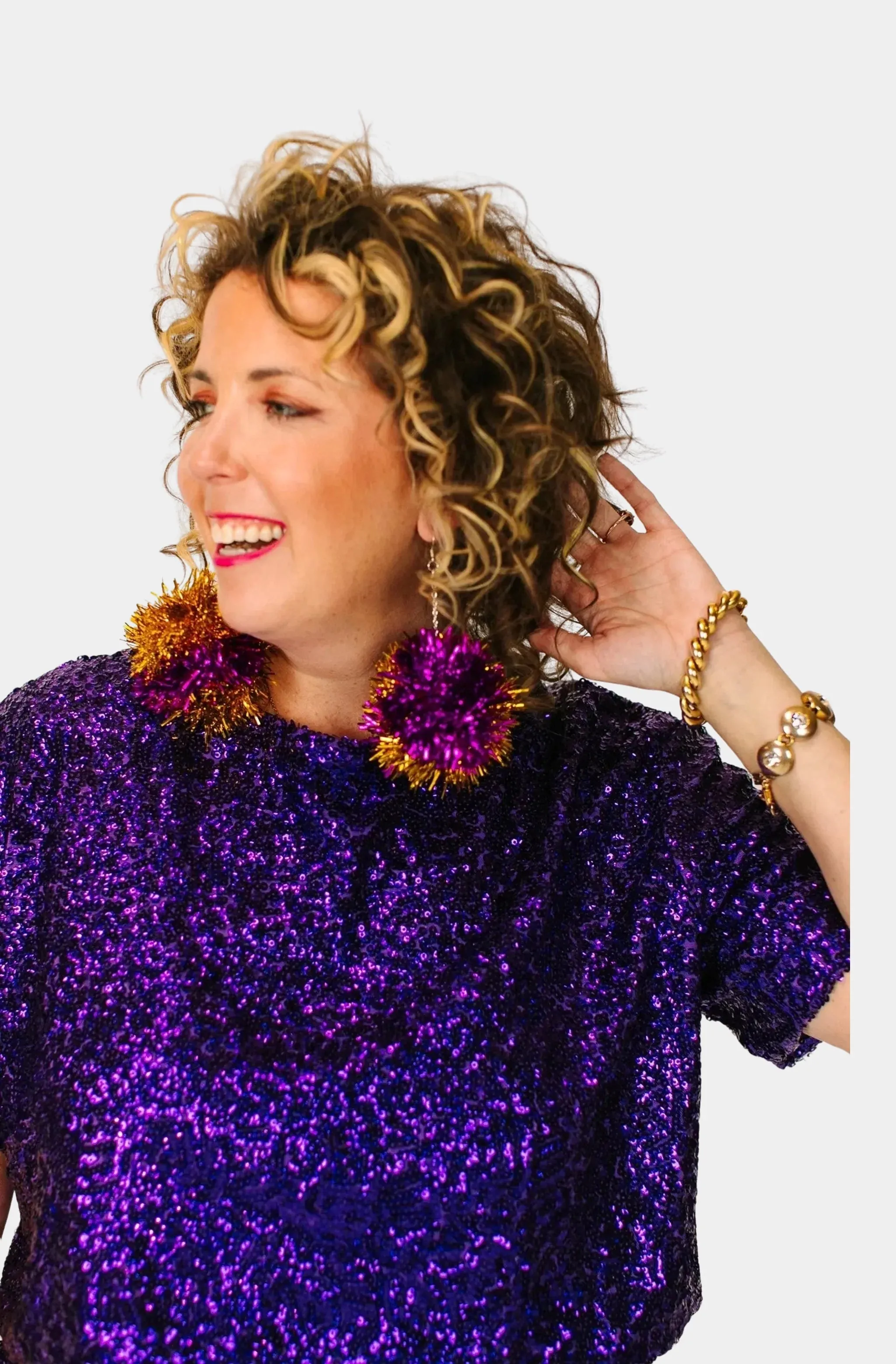 Purple & Gold Pom Pom Earrings
