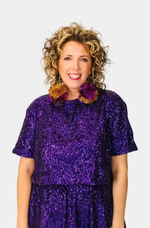 Purple & Gold Pom Pom Earrings
