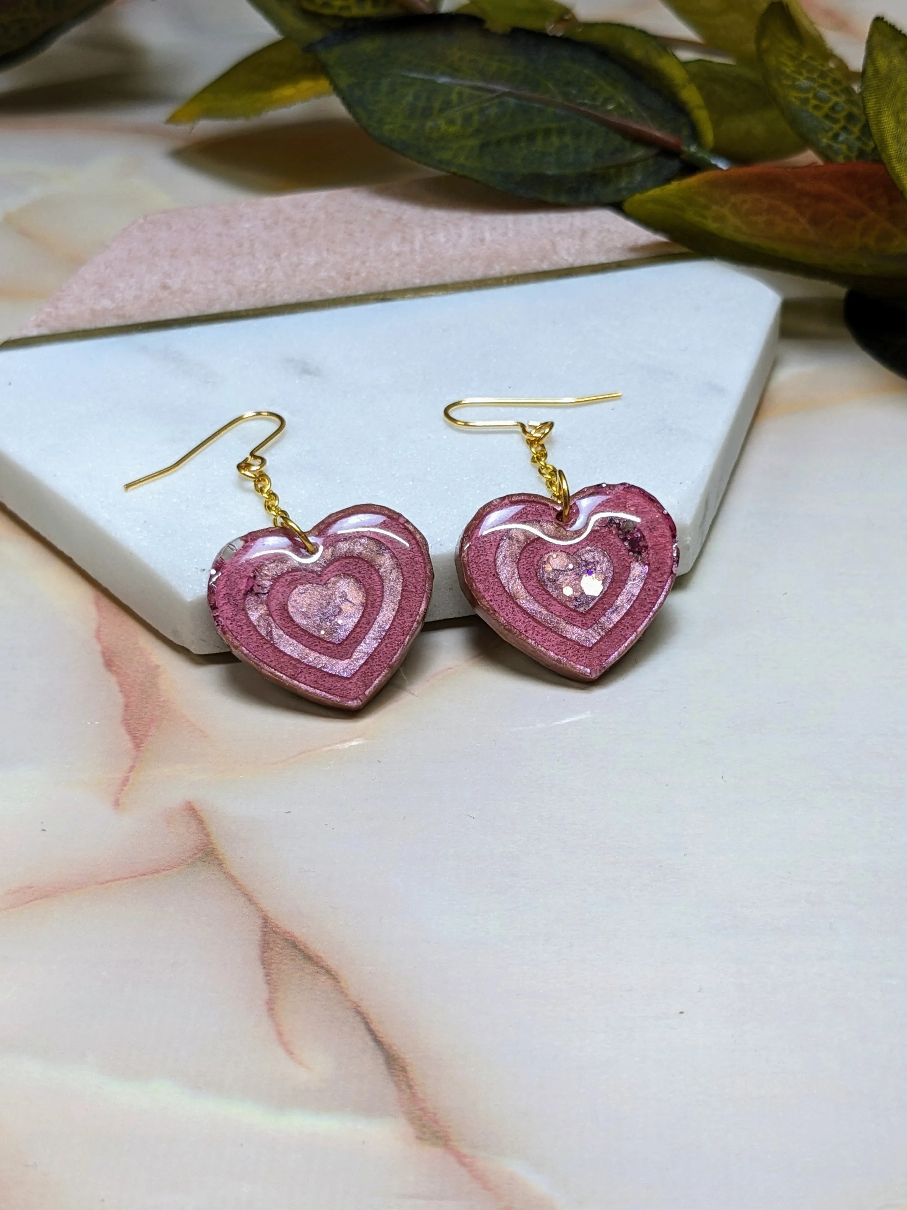 "Annabel" Pink Rose Gold Glitter Resin Heart Chain Dangle Gold Plated Earrings