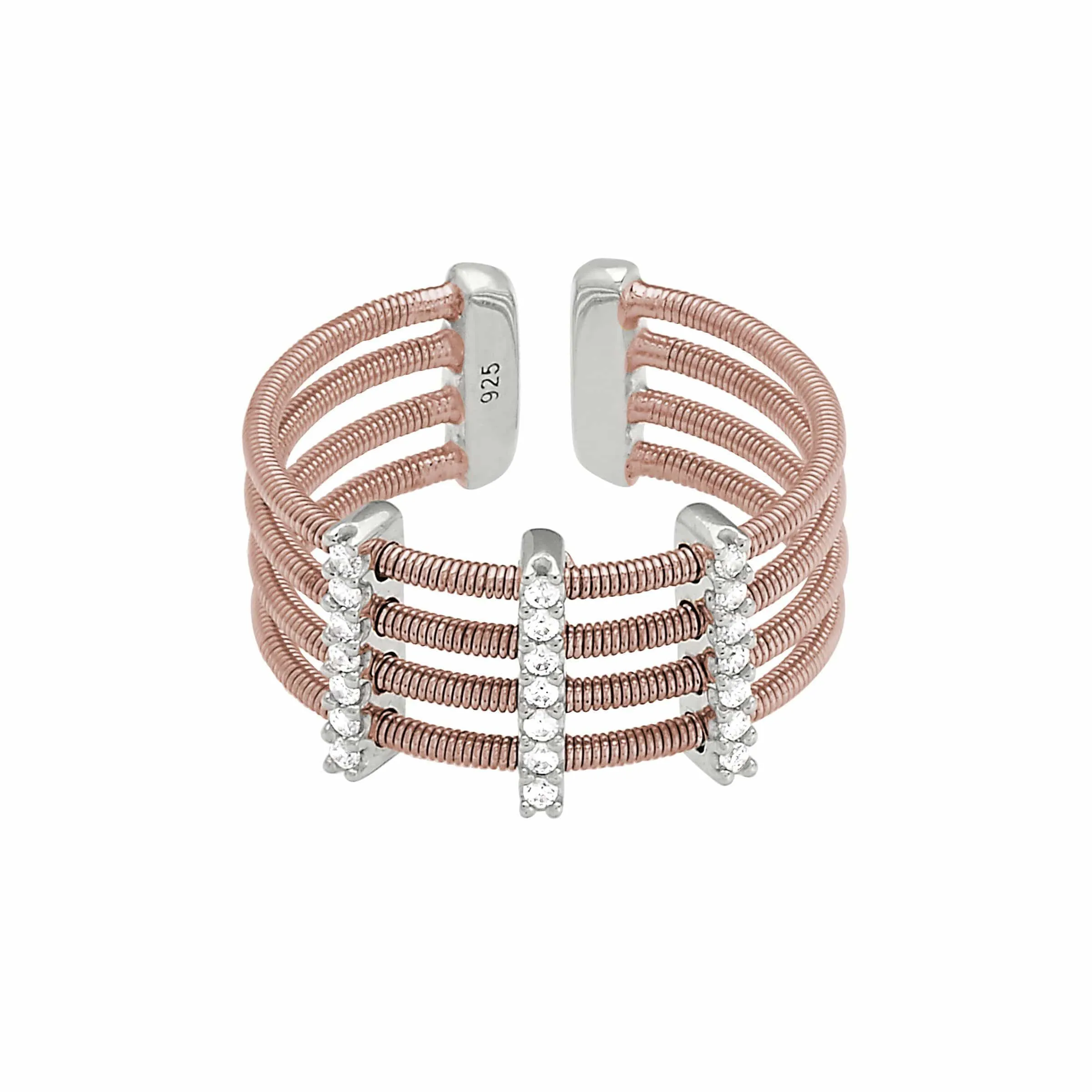Rose Gold Finish Sterling Silver Multi Cable Cuff Ring - LL7014R-RG/RH