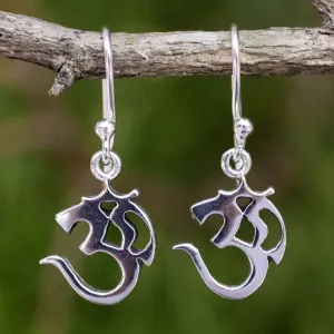 Small Sterling Silver Dangle Earrings with Om Symbol - Spirit Om | NOVICA