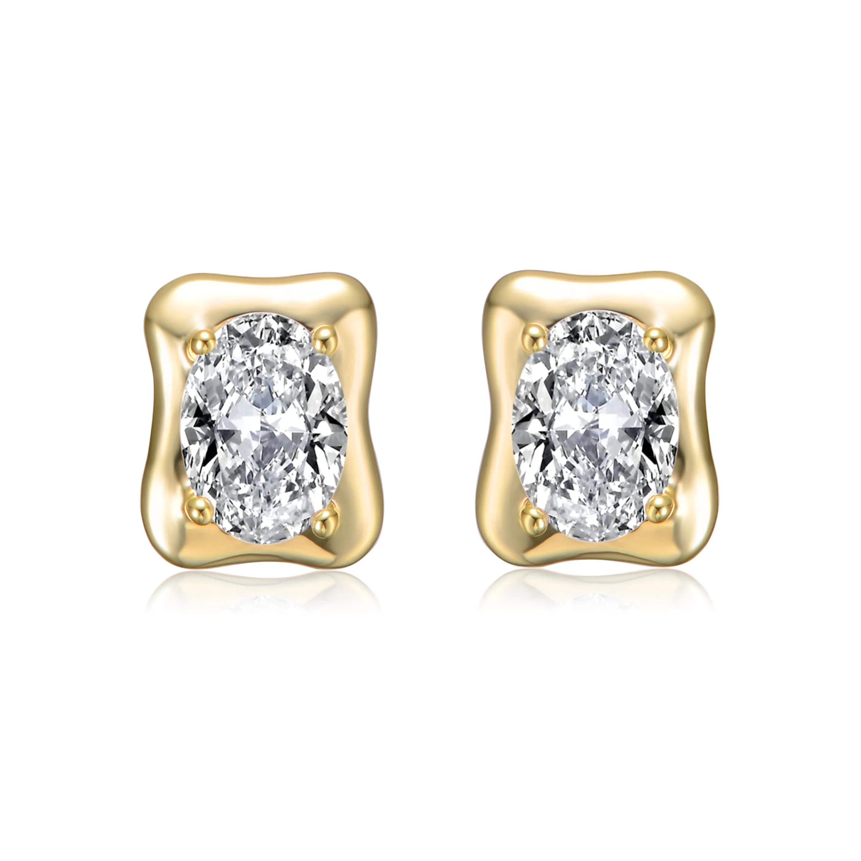 Sterling Silver 14K Gold Plated with Clear Cubic Zirconia Wavey Square Stud Earrings