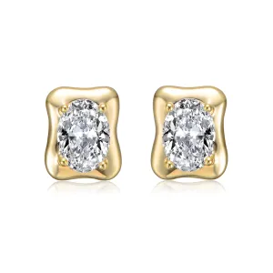 Sterling Silver 14K Gold Plated with Clear Cubic Zirconia Wavey Square Stud Earrings