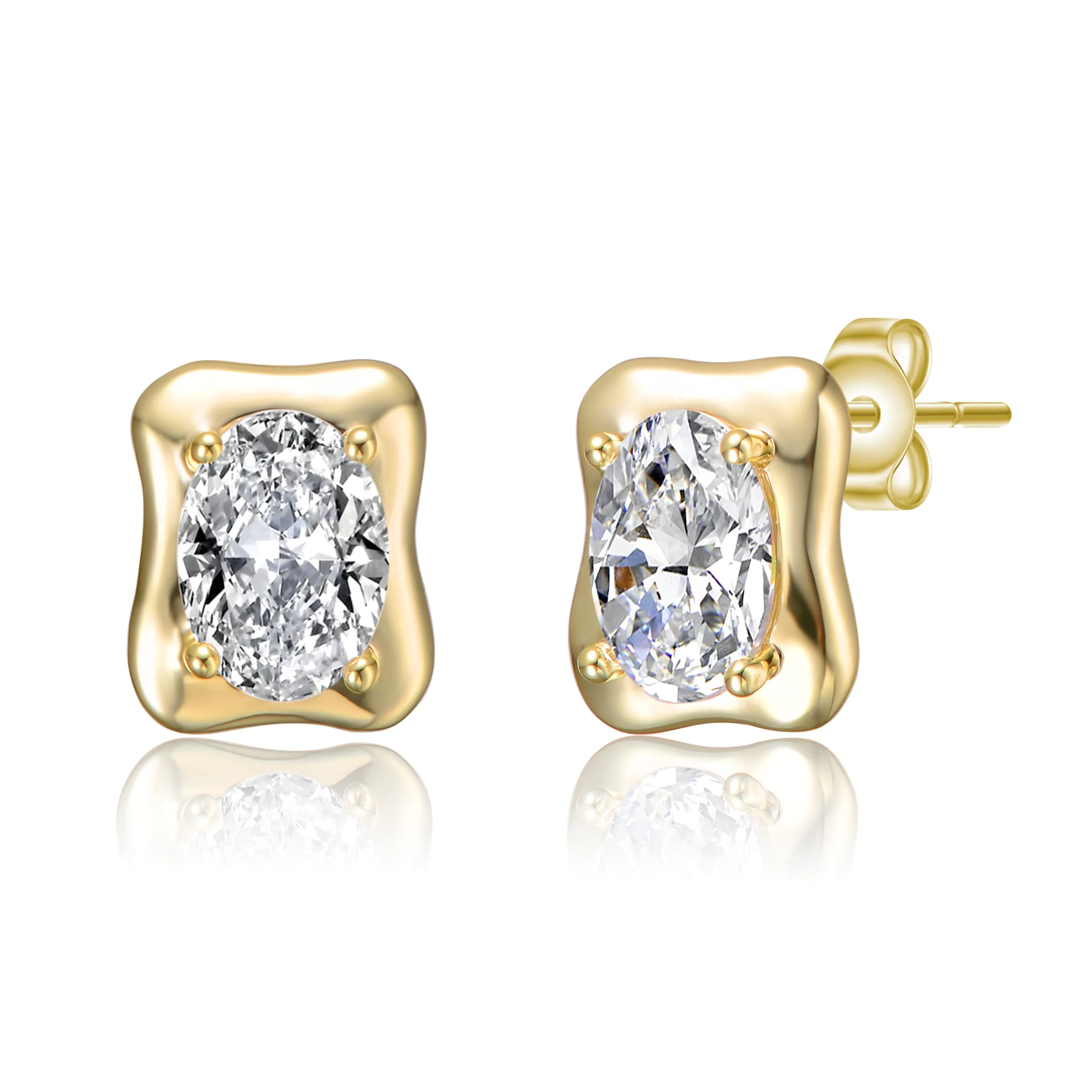 Sterling Silver 14K Gold Plated with Clear Cubic Zirconia Wavey Square Stud Earrings