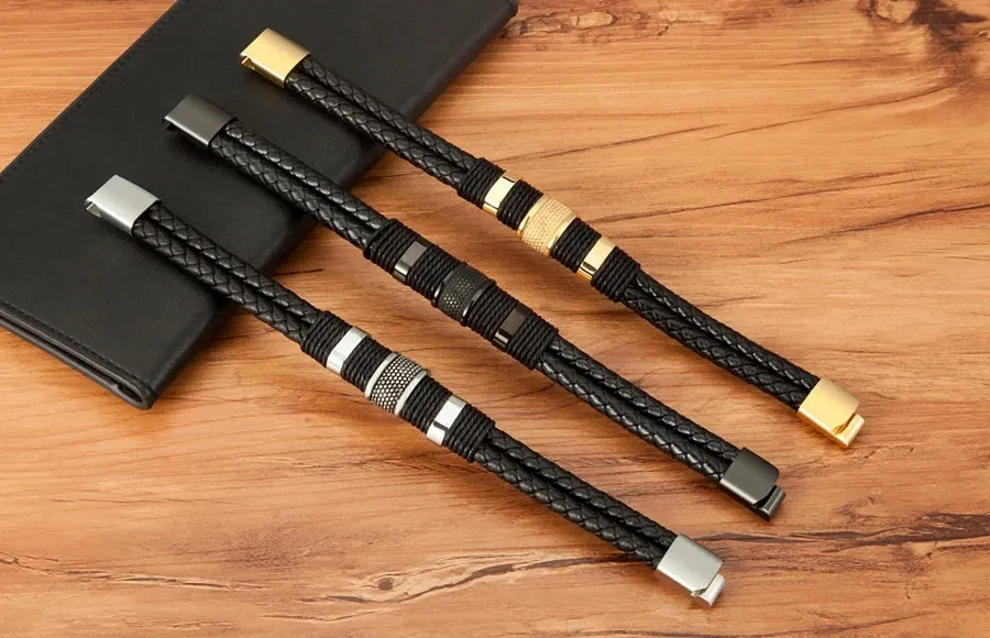 Stylish Double-Layer Woven Leather Bracelet for Men
