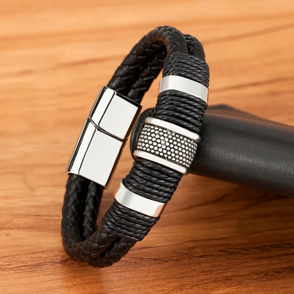 Stylish Double-Layer Woven Leather Bracelet for Men