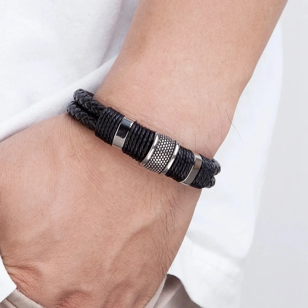 Stylish Double-Layer Woven Leather Bracelet for Men