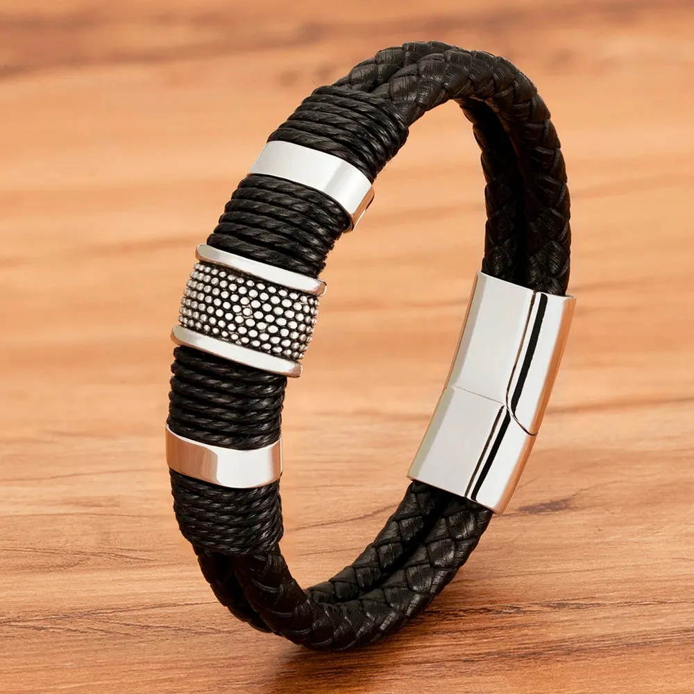 Stylish Double-Layer Woven Leather Bracelet for Men