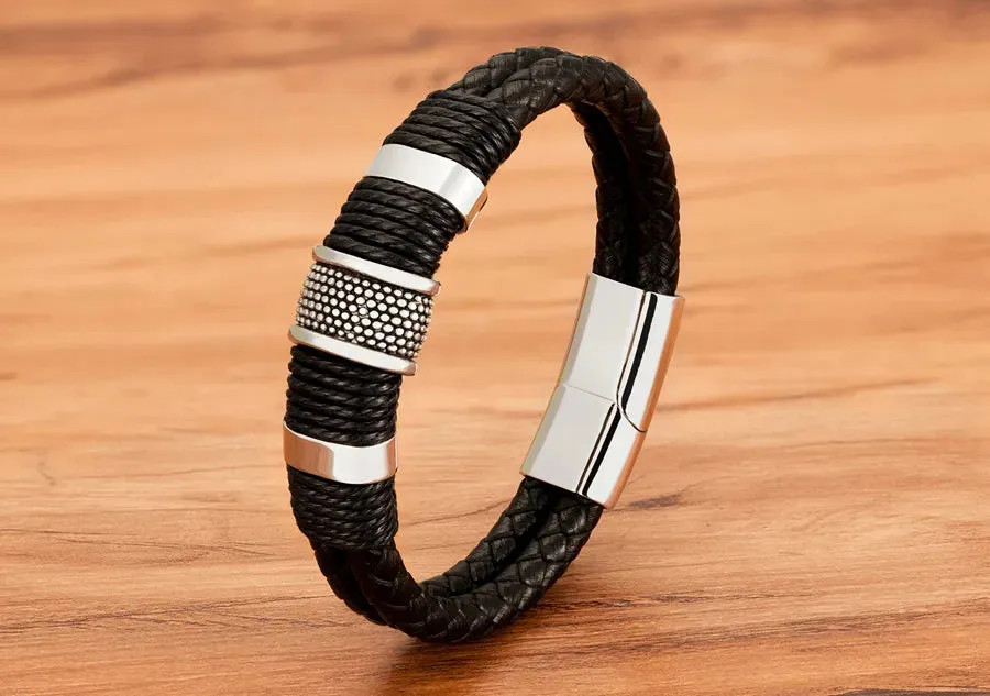 Stylish Double-Layer Woven Leather Bracelet for Men