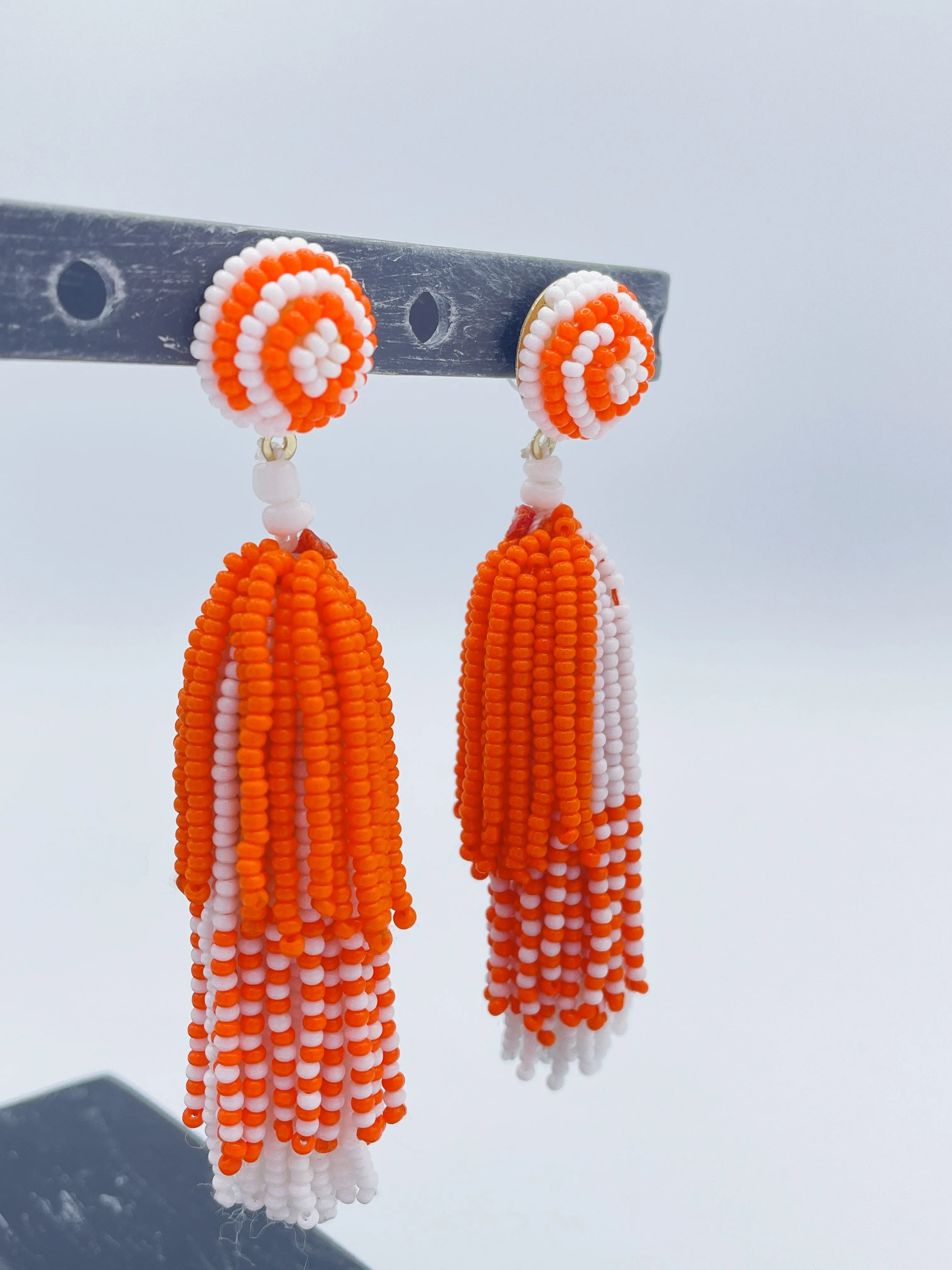 Toomer Orange and White Beaded Tassel Earring