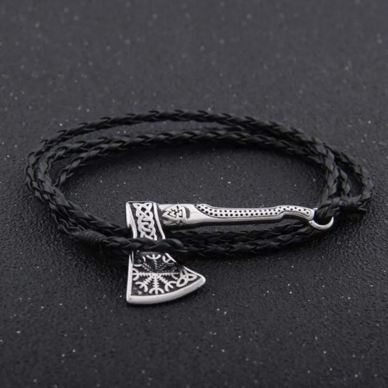 Valknut Axe Amulet Charm Leather Bracelet