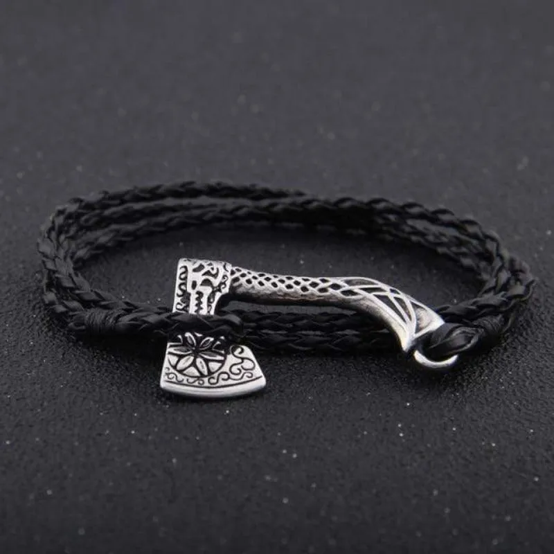 Valknut Axe Amulet Charm Leather Bracelet