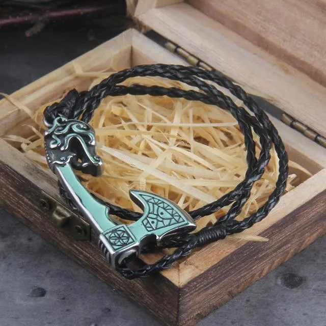 Valknut Axe Amulet Charm Leather Bracelet