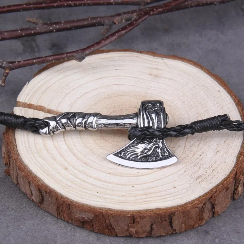 Valknut Axe Amulet Charm Leather Bracelet