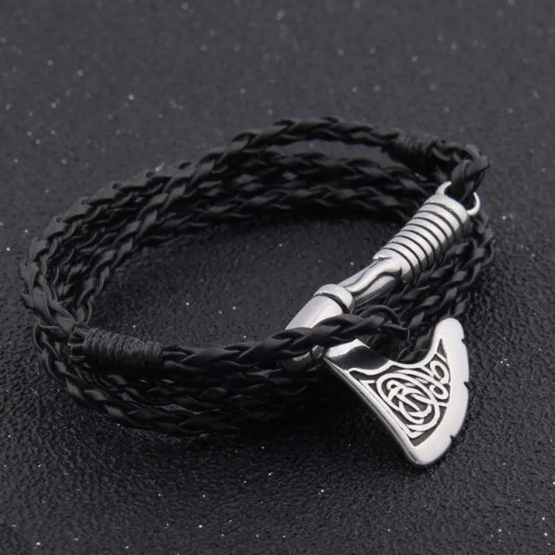Valknut Axe Amulet Charm Leather Bracelet