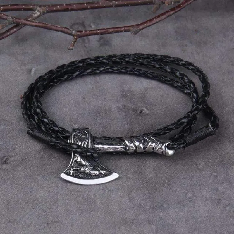 Valknut Axe Amulet Charm Leather Bracelet
