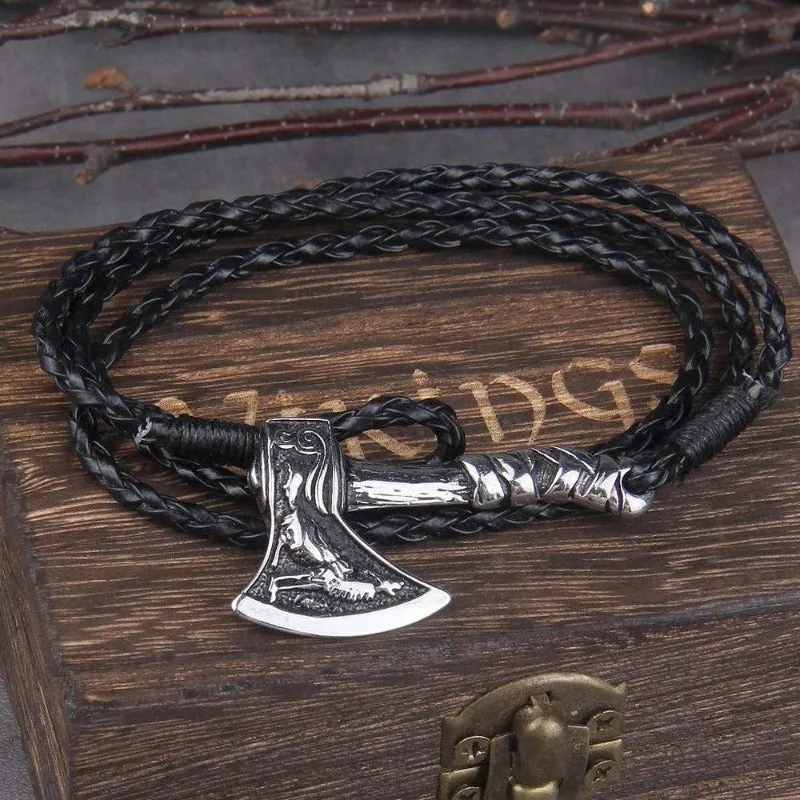 Valknut Axe Amulet Charm Leather Bracelet
