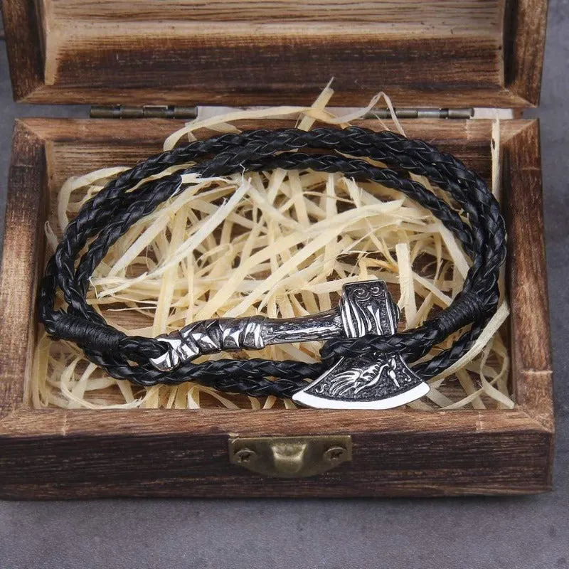 Valknut Axe Amulet Charm Leather Bracelet