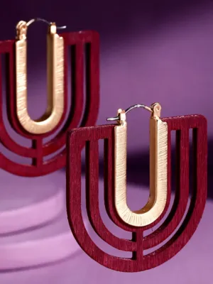 Wooden U Earrings - Burgundy